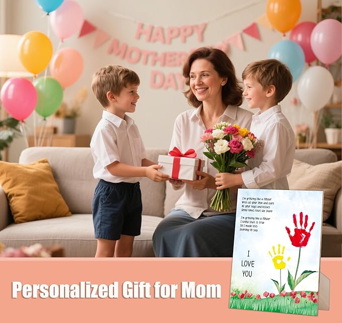 Family Handprint Kit, Flower Handprint Keepsake Wooden Sign with Stand and Hook - 9x12 Inch, Mothers Day DIY Crafts, Birthday Mother's Day Gift for Mom, Gifts for Grandma
