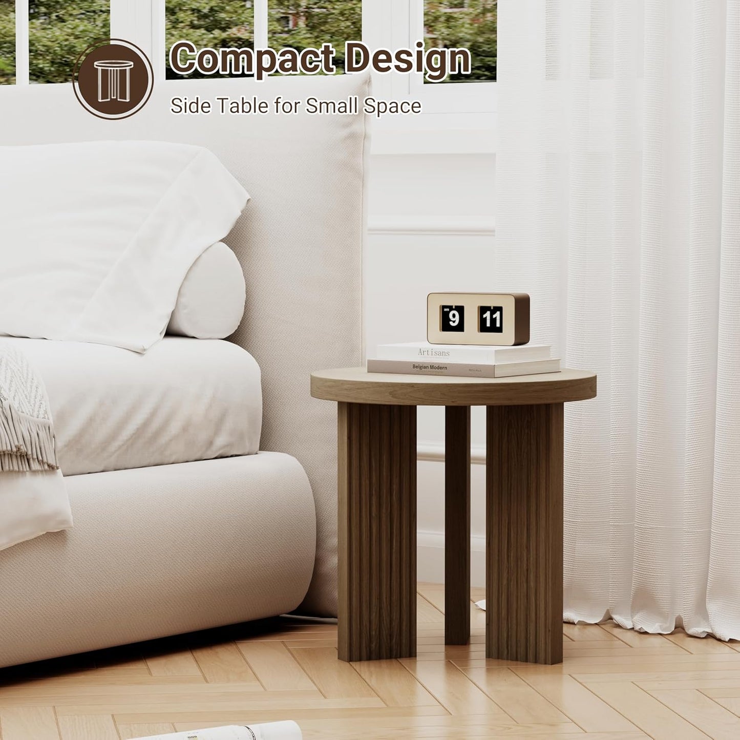 Small Round Side Table, 17.52" Coffee Table with Smooth Thick Mesa, Circle End Table with X Shaped Stable Legs, Accent Tea Table for Living Room, Office, Brown