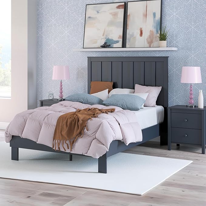 Signature Design by Ashley Simmenfort Casual Full Platform Bed, Matte Finish, Shaker Style, Navy Blue, Shiplap-Style Headboard, Coastal, Adjustable Height, Foundation or Box Spring Not Needed, Blue
