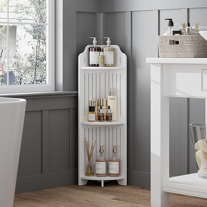 VECELO 3-Tier Bathroom Shelves for Narrow Space, Modern Corner Shelf Stand,Small Storage Organizer for Bathroom,Toilet Paper Stand,White