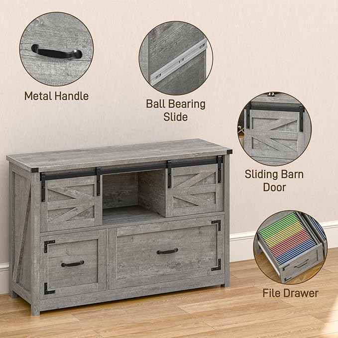 Vabches Lateral File Cabinets 2 Drawer with Sliding Barn Doors, Farmhouse Filing Cabinet with 2 Drawer for Home Office，Filing Organization Storage Cabinets for Hanging Files Letter/Legal/F4/A4