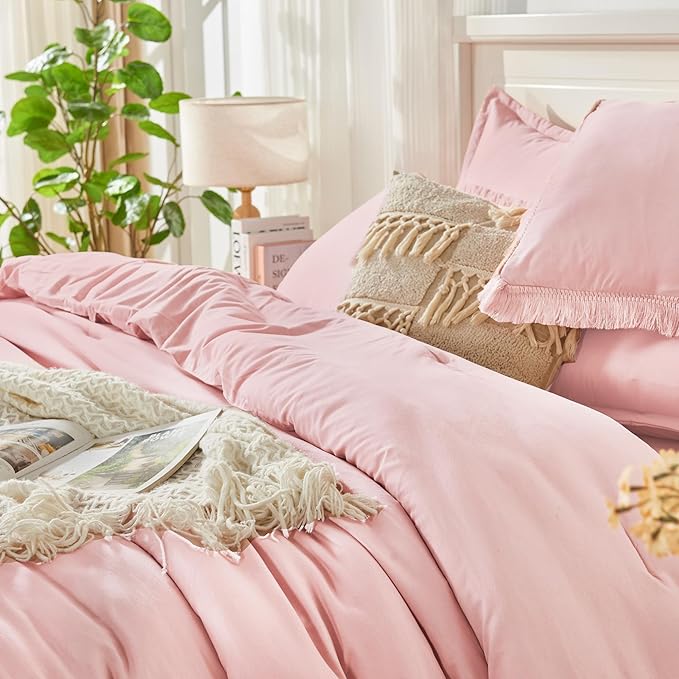 Andency Full Size Comforter Set Light Pink -7 Pieces Boho Tassel Bed in a Bag Soft Lightweight Bedding Sets, Fringe All Season Bed Set with Comforter, Sheets, Pillowcases & Shams