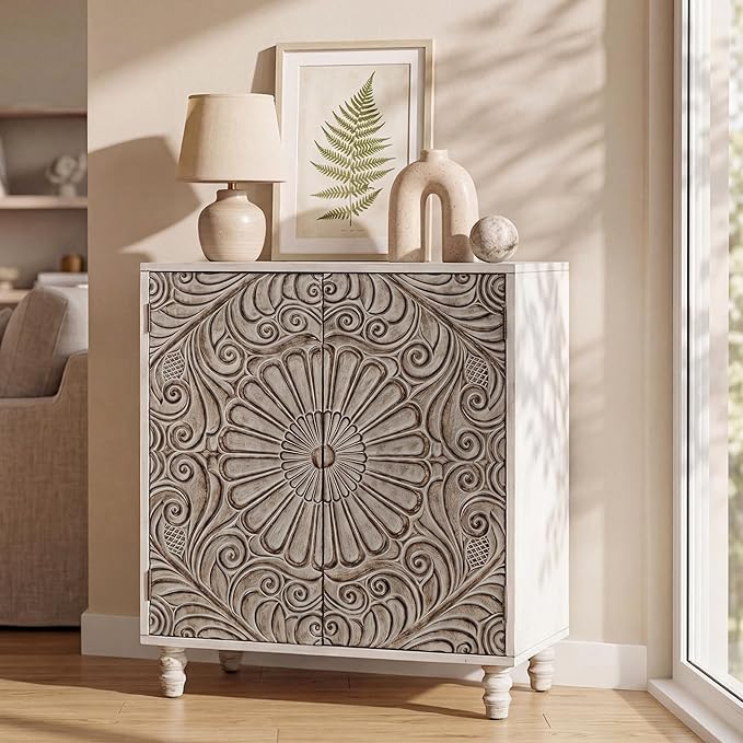 COSIEST 32" W Sideboard Buffet Cabinet with Storage, Accent Cabinet with 2 Push-to-Open Magnetic Doors, Vintage MDF Buffet Table for Living Room, Kitchen, Hallway (Gray,Flower Pattern)