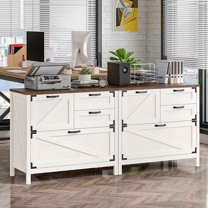Wood Lateral File Cabinet with 4-Drawer for Hanging Files Letter/A4/Legal Size, Large Farmhouse Filing Cabinets for Home Office, Printer Stand with Office Cabinet, Office Furniture, White and Brown