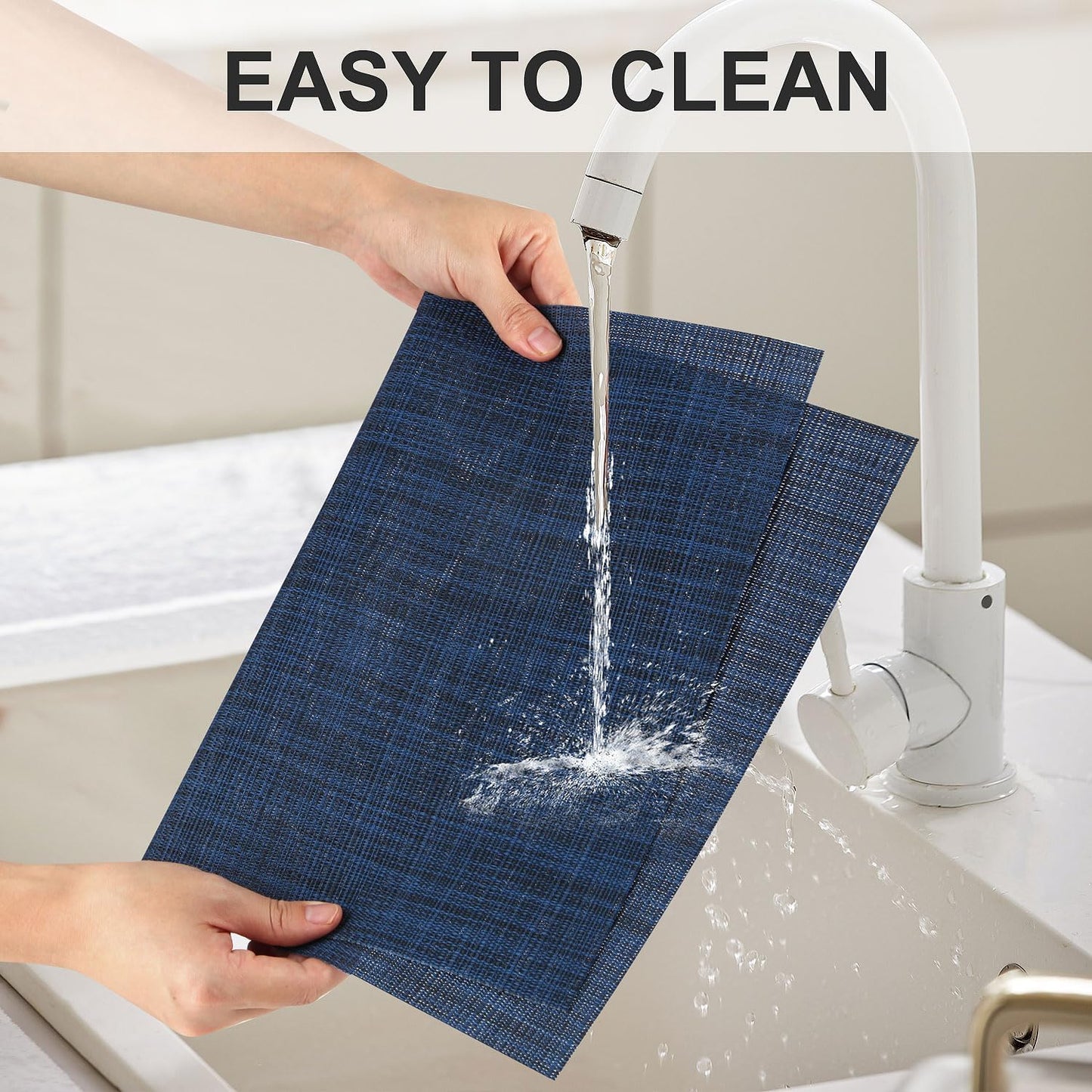 Vinyl Placemats Set of 6, PVC Woven Washable Non-Slip Table Mats, Heat Resistant Wrinkle Free Place Mats for Dining Table, Easy to Clean (6, Navy Blue)