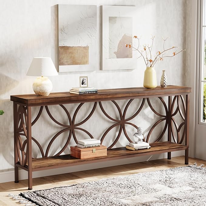 Tribesigns 70.9-Inch Narrow Sofa Table, Industrial Long Sofa Table Behind Couch, Entry Console Table with Storage for Entryway, Living Room, Foyer, Unique Design, Brown Glossy