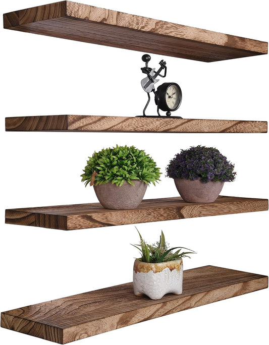 Wood Floating Shelves for Wall Decor, Rustic Wall Shelves for Bedroom Bathroom Kitchen Living Room, Set of 4 Light Walnut 24 Inch - Décor Diaries