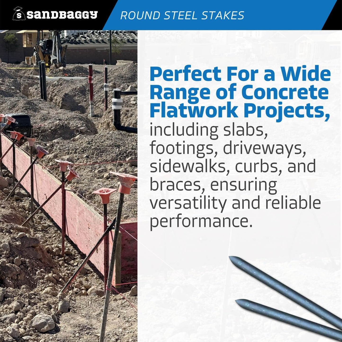 Sandbaggy Round Steel Concrete Form Stakes with Nail Holes - Rust Resistant Coating - Removable, Reusable (200, 3/4 in X 24 in)