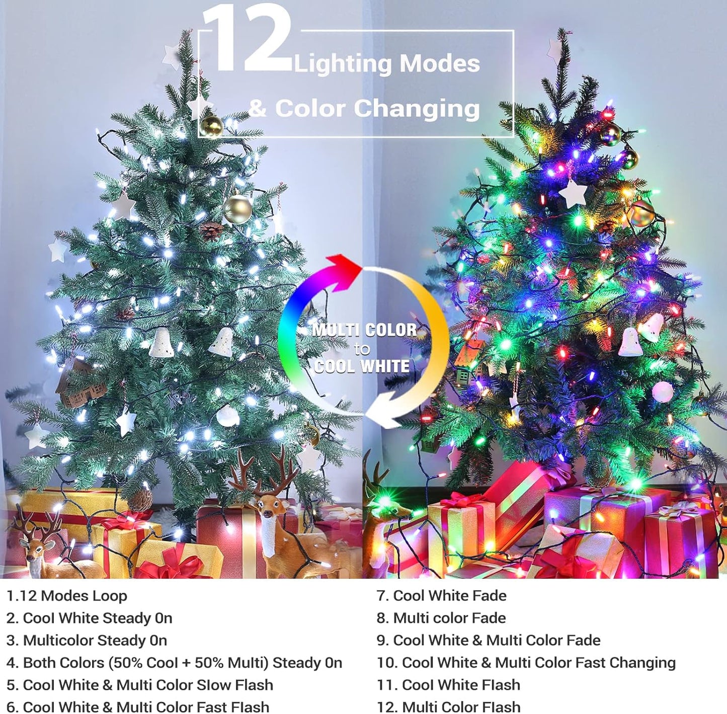 Brizled Christmas Lights, 33ft 100 LED Color Changing Christmas Tree Lights Connectable with Remote, 12 Modes Cool White & Colored Xmas Lighting, Clear Mini Xmas Lighting for Indoor Outdoor Home Decor