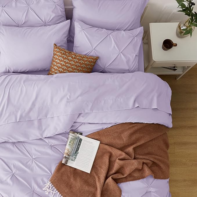 Bedsure Twin XL Comforter Set - Extra Long 5 Pieces Dorm Bedding Sets, GentleSoft™ Pinch Pleat Light Purple Bed in a Bag with Pintuck Comforter, Sheets, Pillowcase & Sham