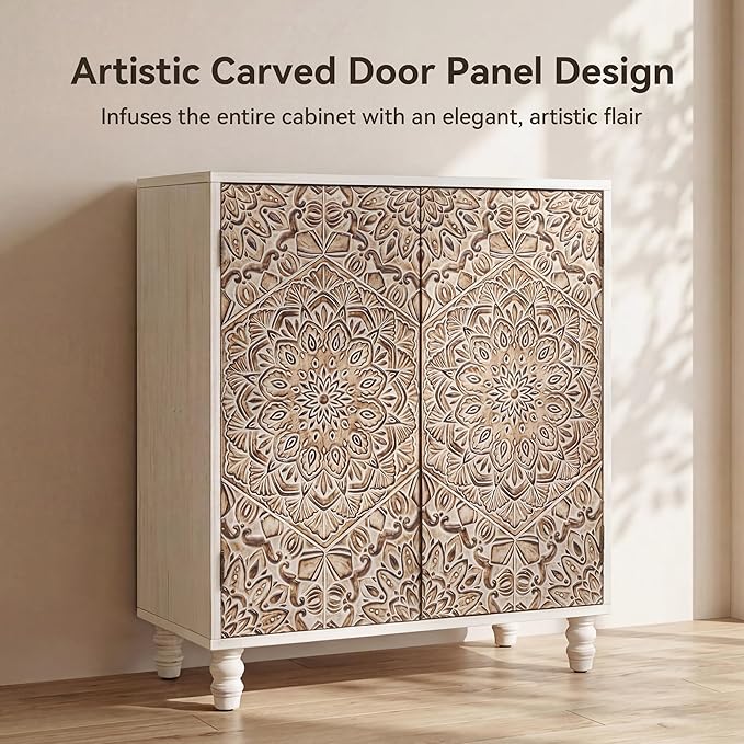 COSIEST Set of 3 32" Buffet Sideboard Cabinets with Vintage Firework Carved Pinewood Doors, Push-to-Open Storage Accent Cabinets, Gray