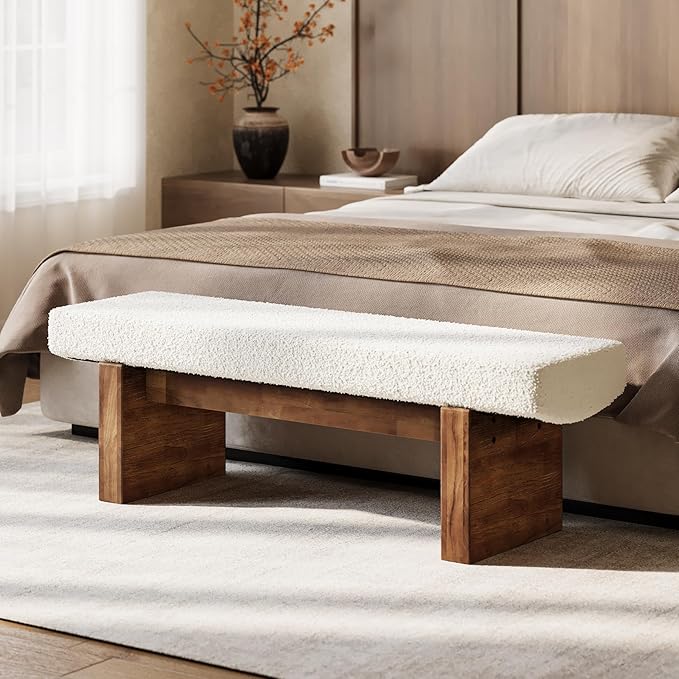 LITTLE TREE 55" Solid Wood Entryway Bench, Upholstered Bedroom Bench with Faux Lamb Wool, Dining Bench for Kitchen, Living Room, End of Bed, or Foyer (Warm White & Walnut)