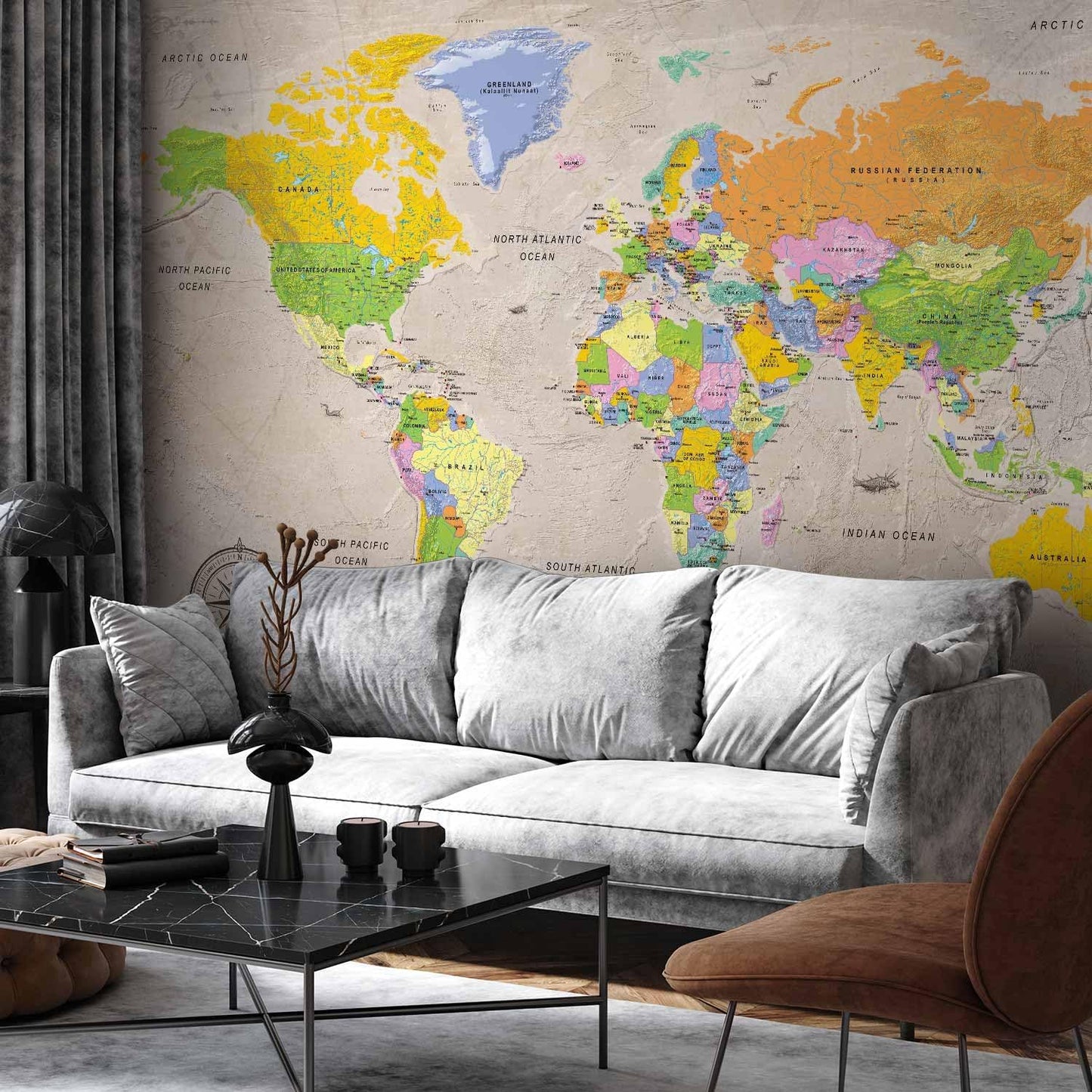 artgeist Premium Wall Mural World Map 98x69 in - XXL Non-Woven Wallpaper Fleece Wall Decor Photo Print Picture Image Design Home Map of The World k-A-0129-a-a