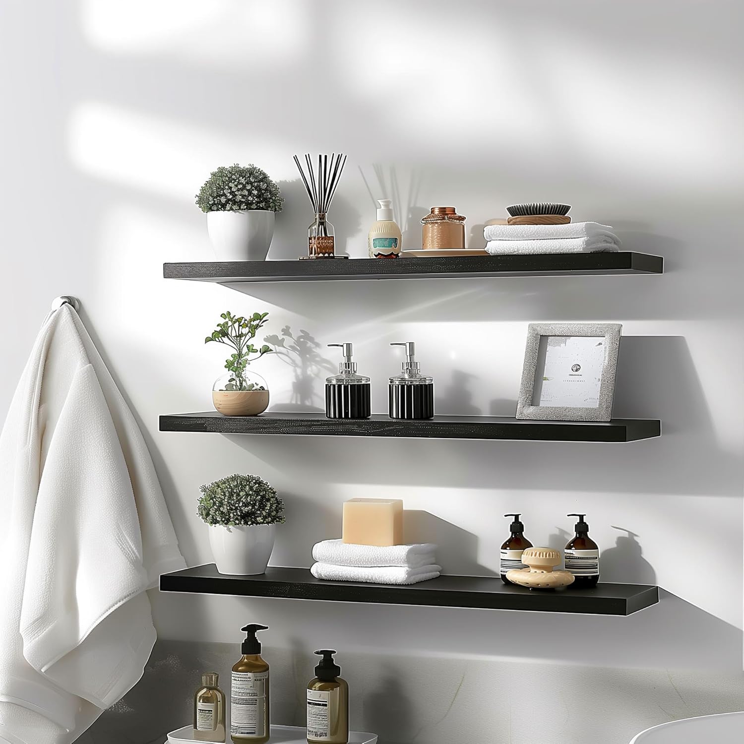 Wood Floating Shelves for Wall Decor, Rustic Wall Shelves for Bedroom Bathroom Kitchen Living Room, Set of 4 Black 36 Inch - Décor Diaries
