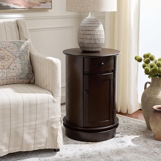 SAFAVIEH Home Collection – Tabitha Dark Chocolate Accent Table, Round Swivel Side Table with 1 Drawer & Interior Cabinet Storage, Classic Pedestal Design, Fully Assembled (AMH5712F)