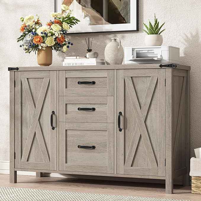 Vabches File Cabinet with 3 Drawers, Farmhouse Lateral File Cabinet Fits Files Letter/A4 Size, Wooden Filing Cabinet with Door and Adjustable Shelves Printer Stand for Home Office, Rustic Grey