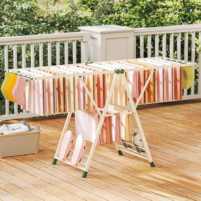 Giantex Clothes Drying Rack, Foldable Metal Laundry Drying Rack with Height Adjustable Wings, 16 Drying Rails, Sock Clips & Shoe Racks, Freestanding Clothing Stand for Indoor & Outdoor, Beige