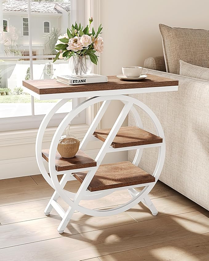 LITTLE TREE End Table, Set of 2 Narrow Side Table with 4-Tier Large Storage Space, Modern Bedside Table for Living Room, Home Office, Bedroom, Brown and White