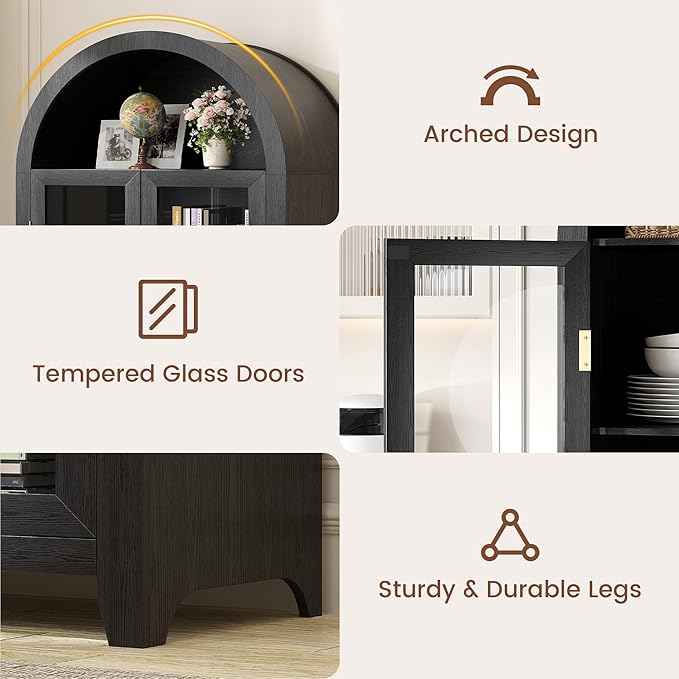 Vlsrka 71" Arched Storage Cabinet with Doors, Display Cabinet with LED Light & Human Sensor, 5-Tier Display Cases for Collectibles, Curio Cabinet with Ajustable Shelf for Living Room, Black