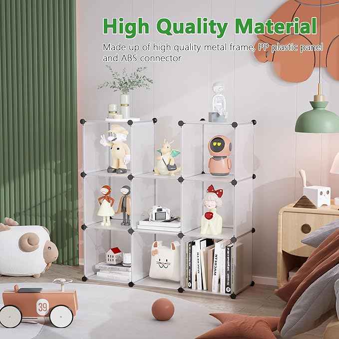 C&AHOME Cube Storage, 9-Cube Plastic Closet Cabinet Organizer, DIY Stackable Bookshelf, Modular shelving Units Ideal for Home, Office, Kids Room, 36.6"L x 12.4" W x 48.4" H Translucent White SBTM3009A