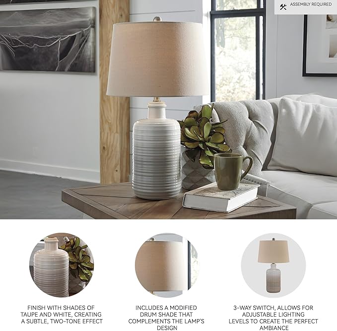 Signature Design by Ashley Marnina 25.5" Neutral Ceramic Table Lamp Set, 2 Count, Taupe