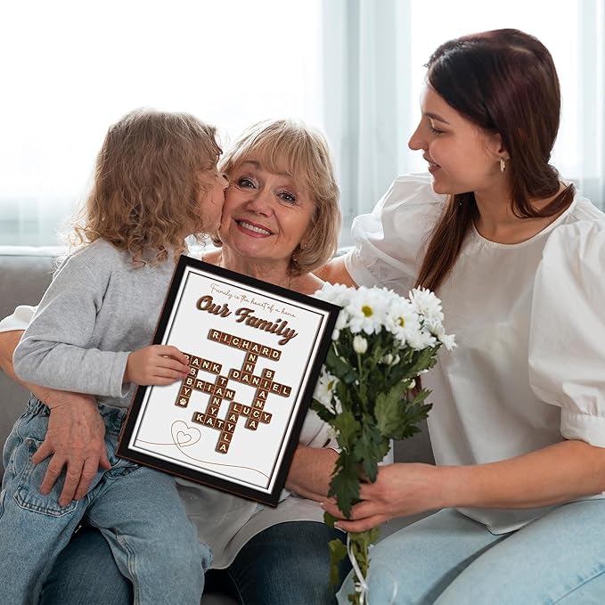 Custom Scrabble Family Name Frame Gifts for Mother's Day from Daughter Son Scrabble Puzzle Sign Wall Art, Grandkid Crossword Tiles Letter Sign, Mothers Day Birthday Gifts for Mom, Nana Wall Decor