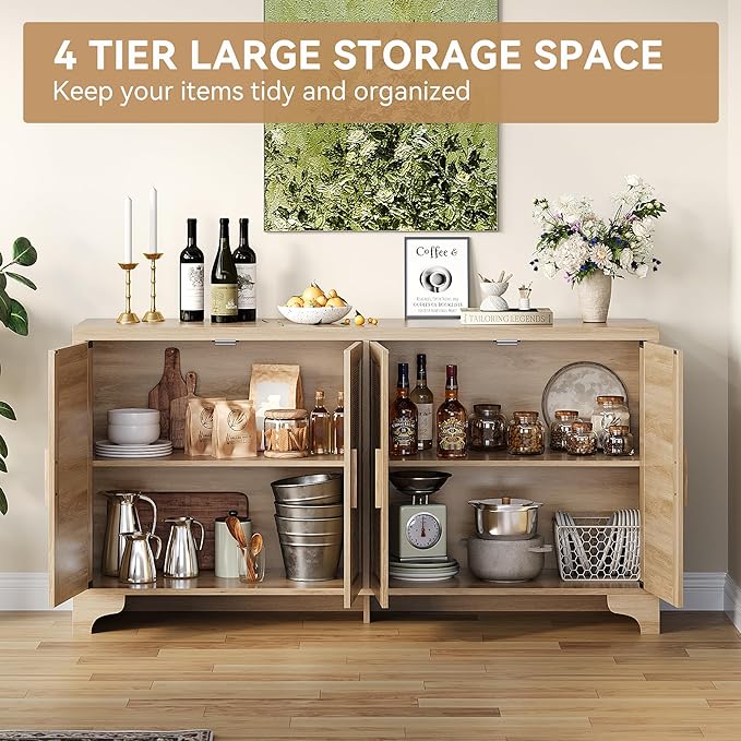 Garvee Natural Rattan Storage Cabinet with Shelves, 4-Door Sideboard Buffet Cabinet, Boho TV Stand Console Table for Living Room, Entryway, Dinning Room
