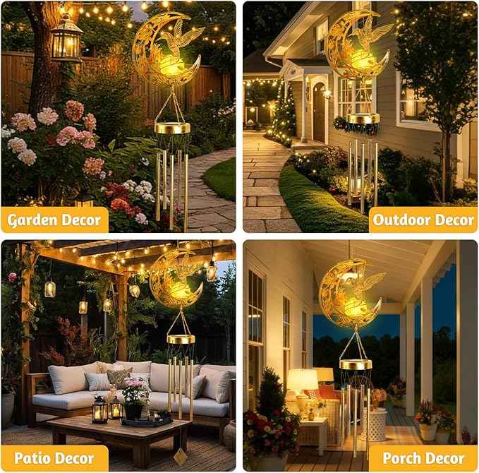 Solar Wind Chimes for Outside Hummingbird Gifts for Women Mom Grandma Sister Crackle Glass Ball Wind Chimes Solar Lights Outdoor Decor for Garden Backyard Patio Yard Porch, Mothers Gift Birthday Gifts