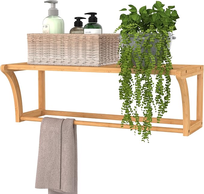 ClosetMaid Bamboo Wall Shelf with Towel Bar, Wall Mount Storage Shelves, Organizer Rack, Natural Finish