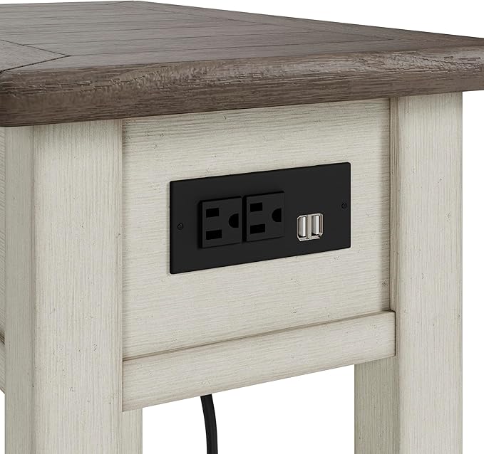 Signature Design by Ashley Bolanburg Chair Side End Table , USB Charging Ports, Drawer, Oak Wood, 14" W x 24.13" D x 24.13" H, 2-Tone Light Brown & Whitewash