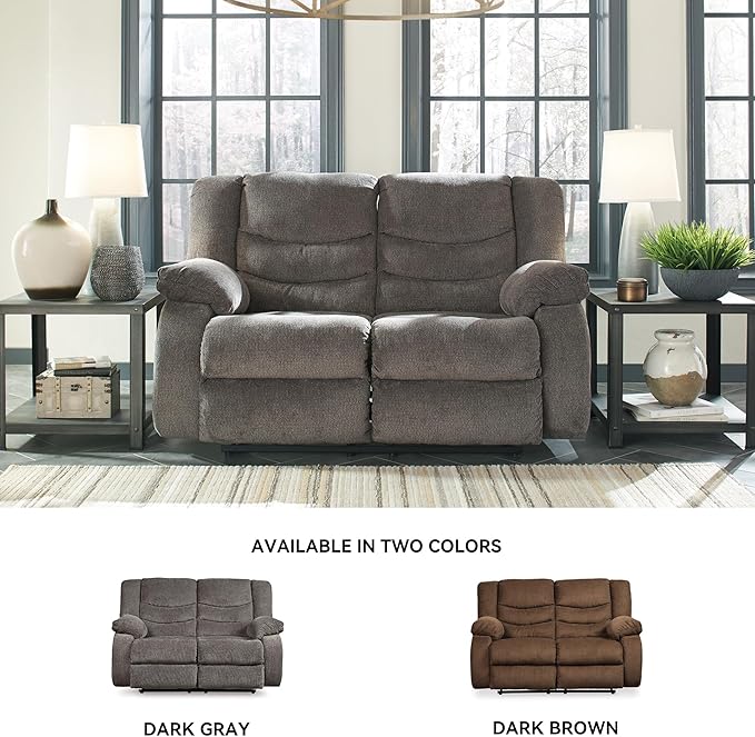 Signature Design by Ashley Tulen Reclining Loveseat, Dual-sided Recliner, Pull Tab Reclining Motion, Fabric Upholstery, 63" W x 40" D x 40" H, Dark Gray