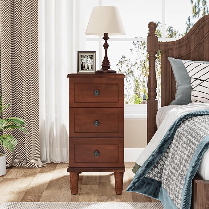 LITTLE TREE Fully Assembled End Table, Set of 2 Narrow Side Table with 3 Drawers, Pre-Assembled Nightstand Slim Bedside Table for Small Spaces, Living Room, Bedroom, Brown