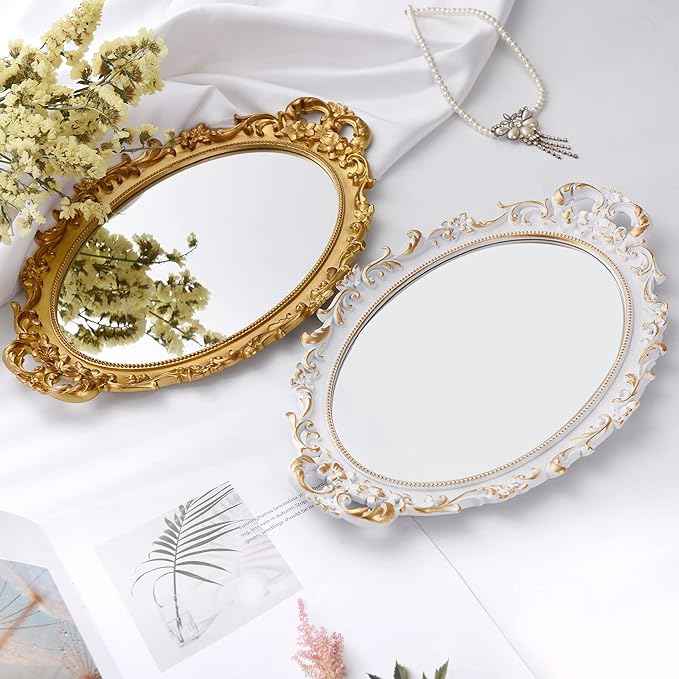 2 Pack - Vintage Decorative Gold Framed Mirror, Wall Hanging Mirrors & Tabletop Tray for Bedroom Living Room Dresser Decor, Oval- 9.6" W x 14.3" L (GOLD-2PACK)