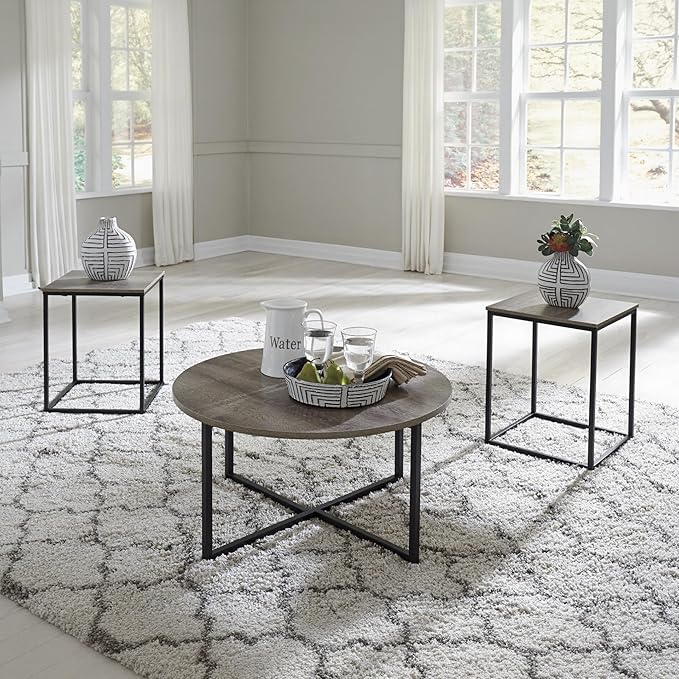 Signature Design by Ashley Wadeworth Urban Wood Grain 3-Piece Table Set, Includes 1 Coffee Table and 2 End Tables, Brown & Black