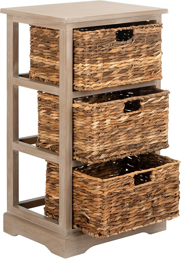 SAFAVIEH Home Collection – Halle White Washed Storage Side Table with Wicker Baskets, Farmhouse Accent Storage, Fully Assembled (AMH5738E)