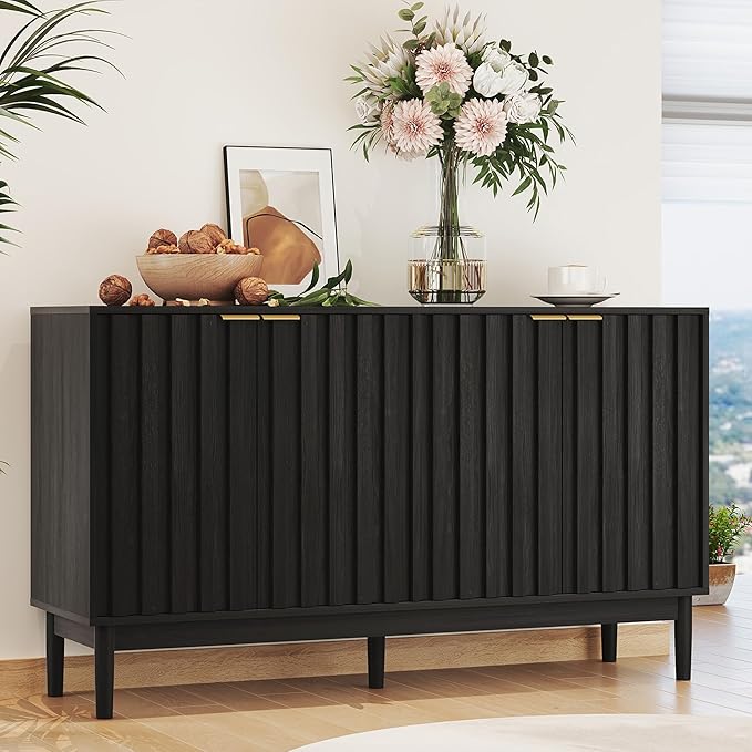 Fluted Cabinet with Storage, Small Buffet Cabinet Sideboard with Door, Kitchen Buffet Storage Accent Cabinets with Adjustable Shelves for Living Room, Entry, Hallway,Black