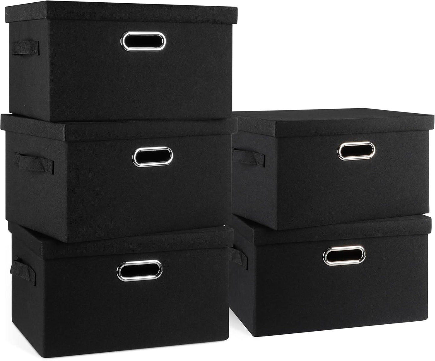 Medium 15" 21 Quart Collapsible Stackable Storage Bins with Lids, 5 Packs Black Foldable Fabric Closet Storage Boxes with Lids, Lidded Heavy-duty Linen Baskets(15x11x8)