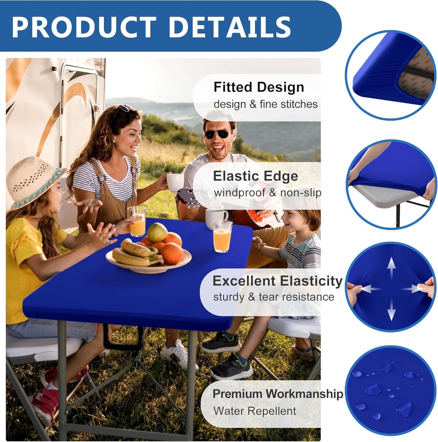 Fitted Tablecloth for 8 Foot Rectangle Tables-10 Pack Royal Blue Elastic Outdoor Picnic Table Cover-Spandex Stretch Folding Tablecloths for Camping Dining Room Patio Kitchen Banquet Party