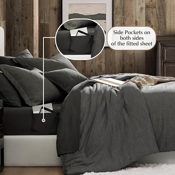 Geniospin King Size Comforter Set- 7 Piece Grey Textured King Bedding Set, Soft Solid Bed in a Bag for All Season, King Comforter Set with Sheets(Grey,102''x90'')