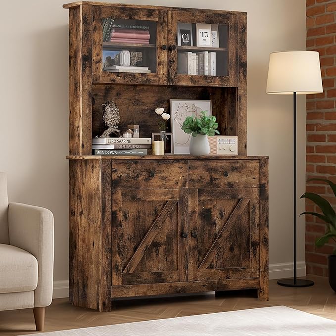 IDEALHOUSE 63" Kitchen Pantry Cabinet with Drawers, Hutch Cabinet with Storage, Microwave Stand, Adjustable Shelves, Freestanding Tall Pantry Storage for Dining Room, Living Room, Brown