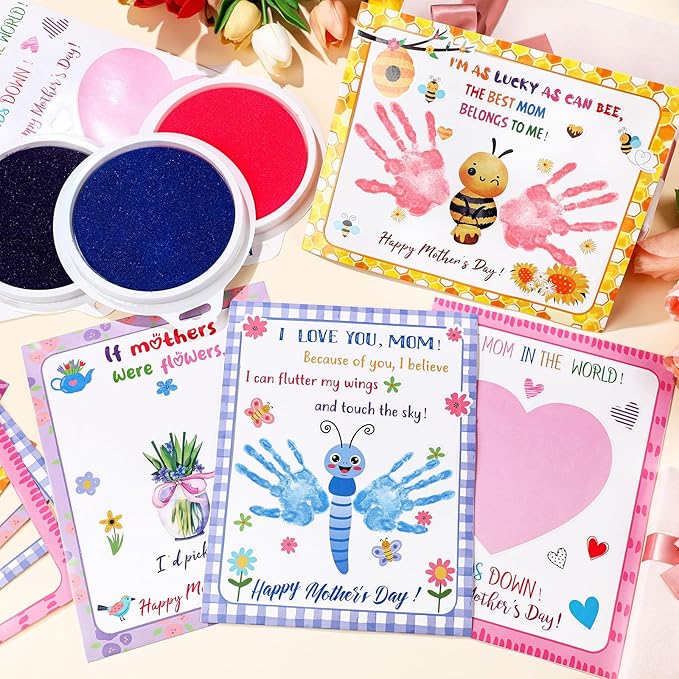 Beeveer 48 Sets Mother's Day Handprint Crafts DIY Religious Hand Keepsake Craft Gifts with Flower Stickers for Mom Dad Home Party Activities(Bright Colors)