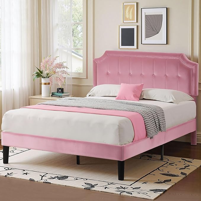 VECELO Queen Size Bed Frame with Velvet Upholstered Headboard, Platform Bedframe Mattress Foundation, Sturdy Wooden Slats Support,No Box Spring Needed Noise Free/Easy Assembly,Pink