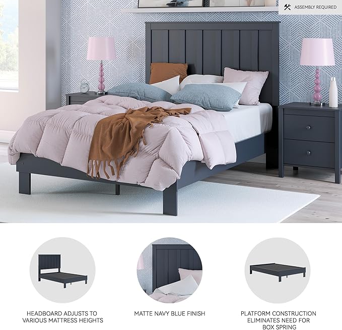 Signature Design by Ashley Simmenfort Casual Full Platform Bed, Matte Finish, Shaker Style, Navy Blue, Shiplap-Style Headboard, Coastal, Adjustable Height, Foundation or Box Spring Not Needed, Blue