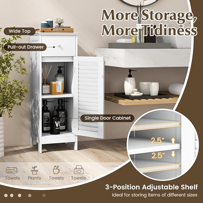 COSTWAY Bathroom Storage Cabinet, Single Door Storage Organizer w/ 1 Drawer & Adjustable Shelf, Freestanding Narrow Slim Floor Cabinet for Living Room Bedroom Hallway (White)