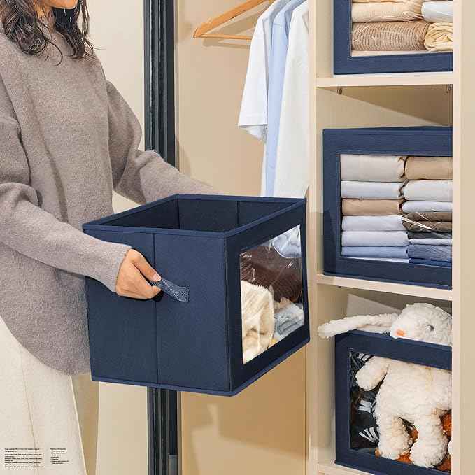 Stackable Storage Bins with Lids - Large Decorative Basket with Lids, Fabric Foldable Closet Organizer Bins, Shelf Organizer for Living Room, Dorm, 5 Pack, Navy Blue