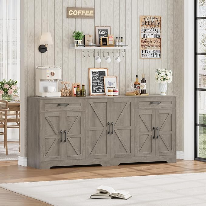 71” Large Sideboard Buffet Cabinet with Storage, Farmhouse Kitchen Buffet Cabinet with Adjustable Shelves and 6 Barn Doors, Wood Coffee Wine Bar Console Table, White, Ash Grey (Ash Grey)
