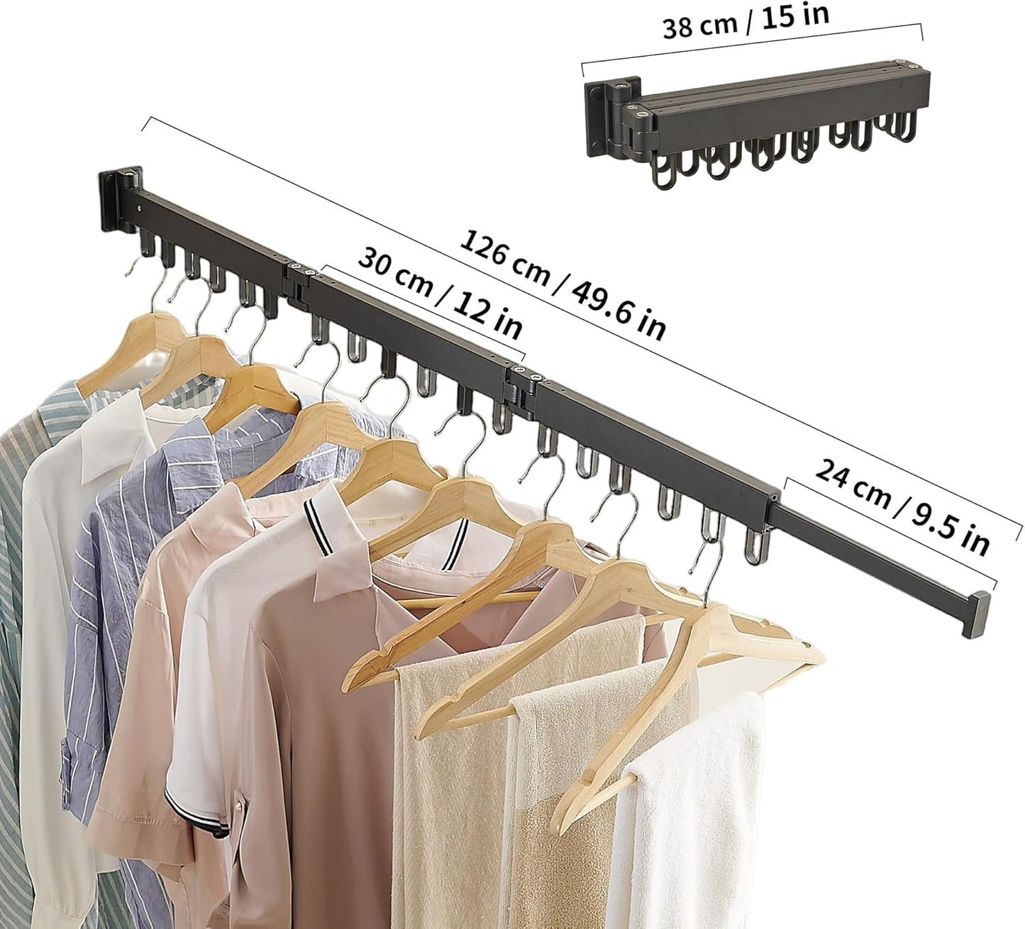Clothes Drying Rack Wall Mounted, Laundry Drying Rack Collapsible, Space Saving Wall Drying Rack Clothing Foldable, Tri-Fold Retractable Rack Outdoor Indoor with 18 Hooks(Black，Loop-Shape Hooks)
