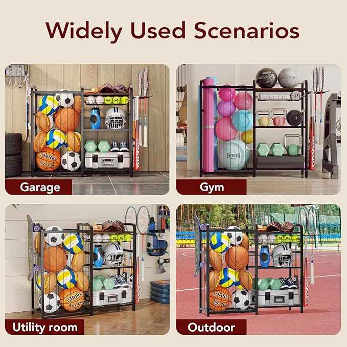 Garage Sports Equipment Organizer, Ball Storage for Gear and Toys, Large Capacity, Sports Organizer for Garage with Hooks and Baskets