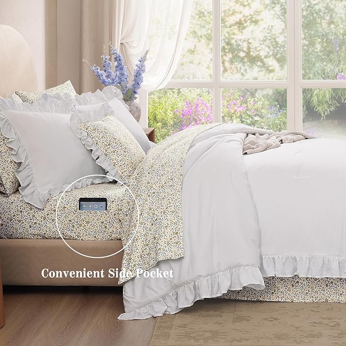 Queen Comforter Set - 7 Pieces Ruffle White Bedding Sets, Shabby Chic Farmhouse Bed in a Bag Queen with Ruffle Comforter, Floral Sheets, Pillowcases & Shams