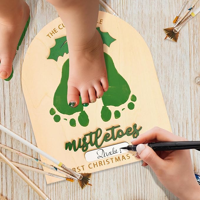 DIY Baby Footprint Keepsake Board with Name Box - Pen/Paint Not Included, Personalized Baby’s First Christmas 2025, Mistletoes Footprint Art, Nursery Footprint Decorative for Baby Shower Newborn